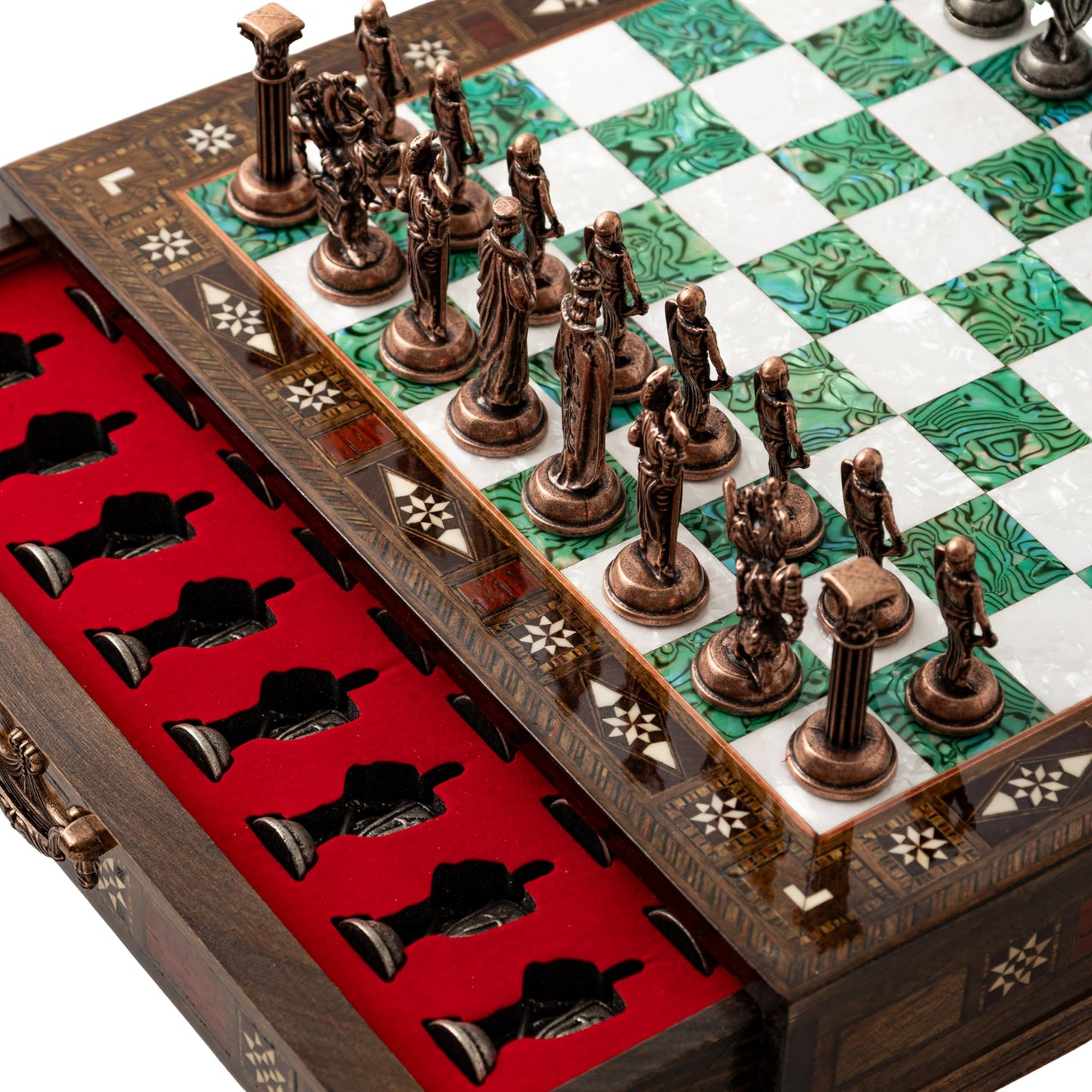 Luxury Handmade Wooden Chess Set with Metal Pieces – 12.2'' Decorative Storage Chess Board – British Themed Chess Pieces for Christmas, Birthday (Green)