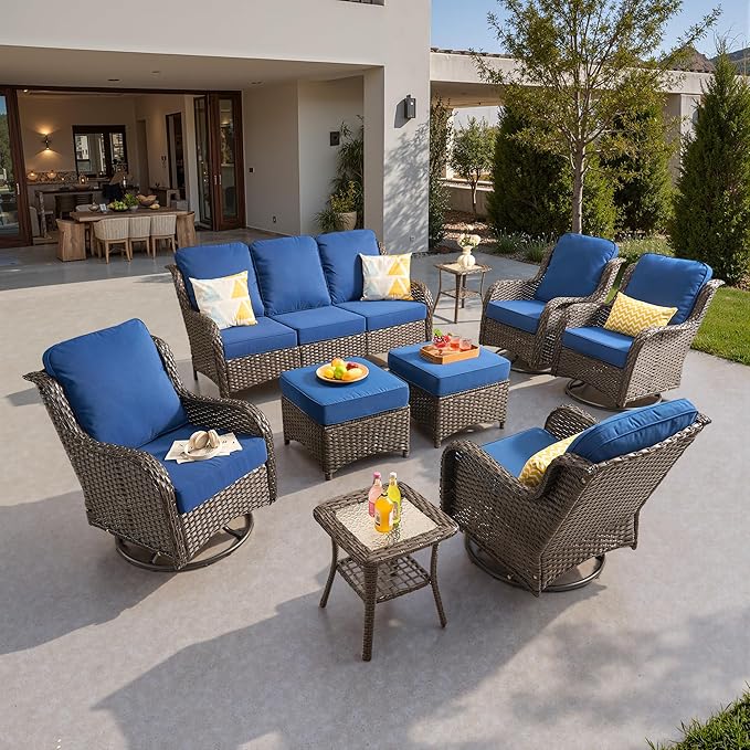 ovios 9 Pieces Patio Furniture Set, Outdoor Wicker Sofa Couch with Swivel Chairs Ottomans Comfy Cushions, High Back Modern All Weather Conversation Sets, Brown Rattan, Navy Blue