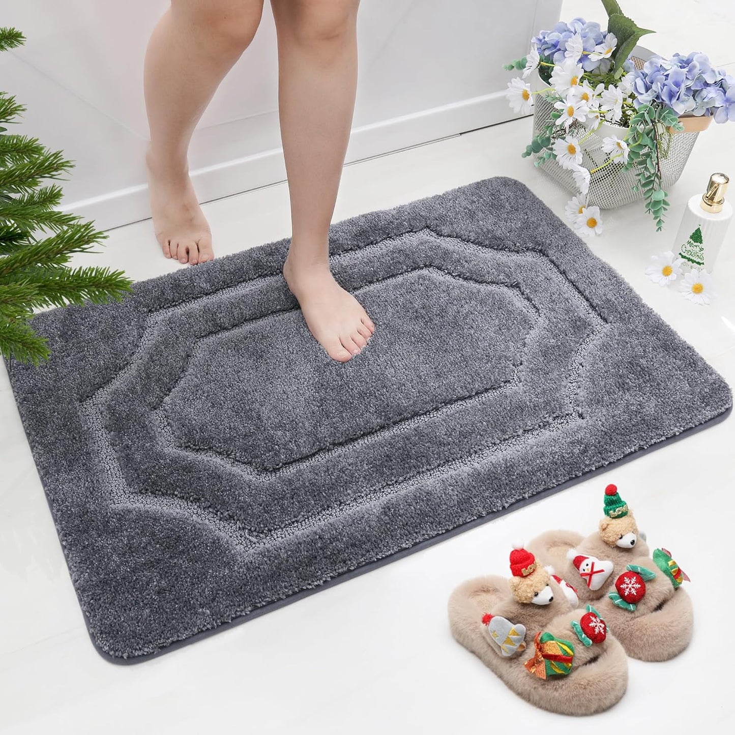 BEQHAUSE Bathroom Rugs - Soft Absorbent Non-Slip Bath Mats for Bath, Shower and Sink - Polyester Bath Mat - Machine Washable - Grey Thick Shower Mat, 24"x36"