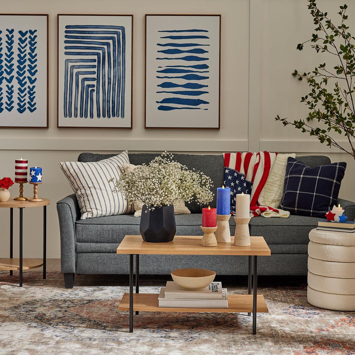 Luminara Red White & Blue Americana Pillar Trio - Set of 3 Flickering Flameless Wax Candles - Battery Operated LED Real Flame Illumination for Patriotic Holiday Decor - Timer - Remote Sold Separately