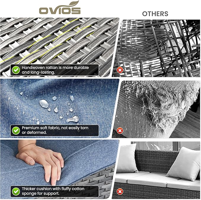 ovios 9 Pieces Patio Furniture Set, Outdoor Wicker Sofa Couch with Swivel Chairs Ottomans Comfy Cushions, High Back Modern All Weather Conversation Sets, Grey Rattan, Denim Blue