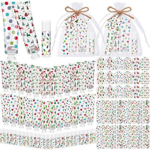 48 Sets/288 Pcs Christmas Party Favors Christmas Hand Cream Body Lotion Lip Balm Nail File Gifts Set Xmas Stocking Stuffers Travel Size Lotion Bulk Holiday Party Supplies for Coworkers Women Adults