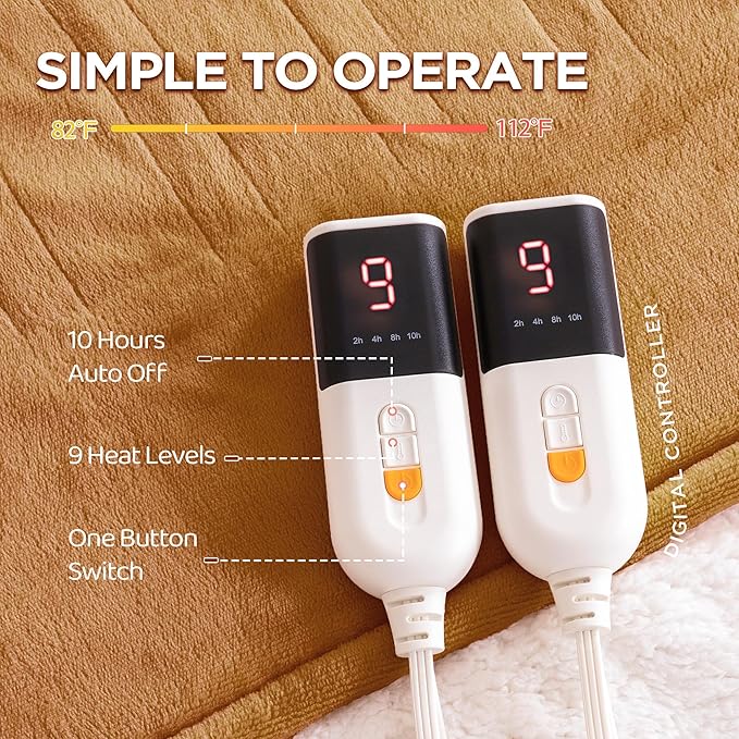 Heated Blanket King Size - Dual Controllers Electric Blanket King with 9 Heat Settings & 10 Hour Auto Off,Overheat Protection,Machine Washable 100"x90"(Cocoa Brown)
