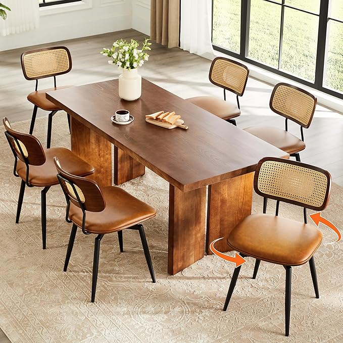 Quenvo Swivel Dining Chairs with Rattan Back, Modern Brown Leather Dining Chairs Set of 6, Swivel Dining Room Chairs Kitchen Side Chairs with Metal Legs and Upholstered Seat for Kitchen & Restaurant