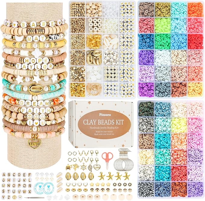 Pizooro Clay Beads 3 Boxes Bracelet Making Kit, 10500pcs Beads for Jewelry Making, Round Letter Beads with Charm and Elast...