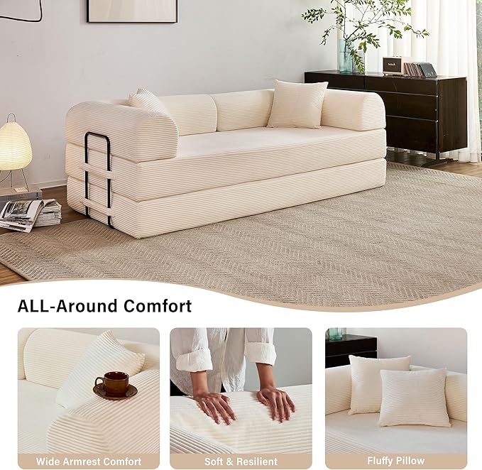 79" 5-in-1 Folding Convertible Sofa Bed, Oversized Corduroy Futon Floor Couch with Pull-Out Sleeper, Modular Boneless Loveseat for Small Spaces, Living Room, Bedroom (White1)