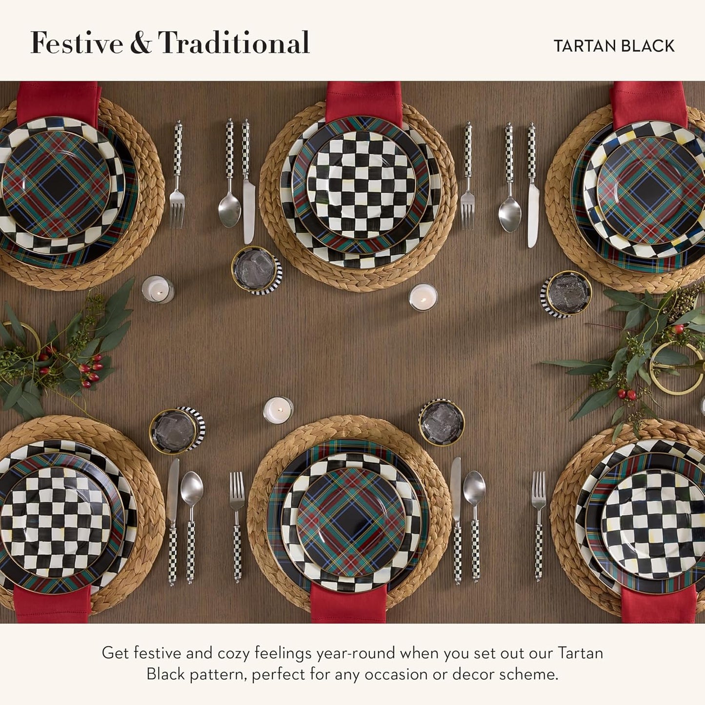 MACKENZIE-CHILDS Enamel Dinner Plate, Decorative Dinnerware Plate, 10 Inches, Black Tartan