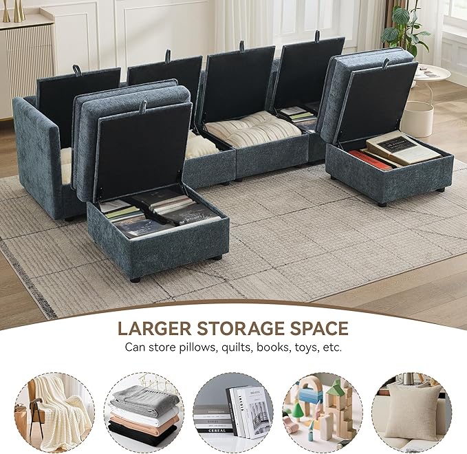 105" Cloud Modular 4 Seater Sofa with 2 Storage Ottoman, Modern Upholstered Sofa Storage Sofa Couch Deep Seat, U Shape Sectional Sofa Chenille Comfy Couch with Armrests for Living Room, Blue