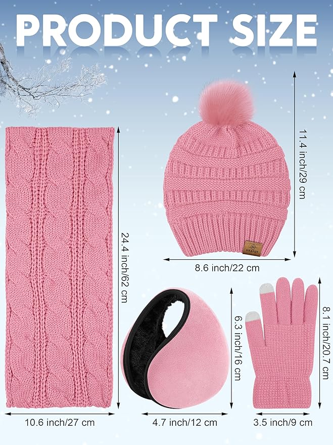 URATOT 4-In-1 Winter Warm Sets Knitted Scarf Touch Screen Gloves Beanie Pompom Hat and Winter Ear Warmer for Men or Women