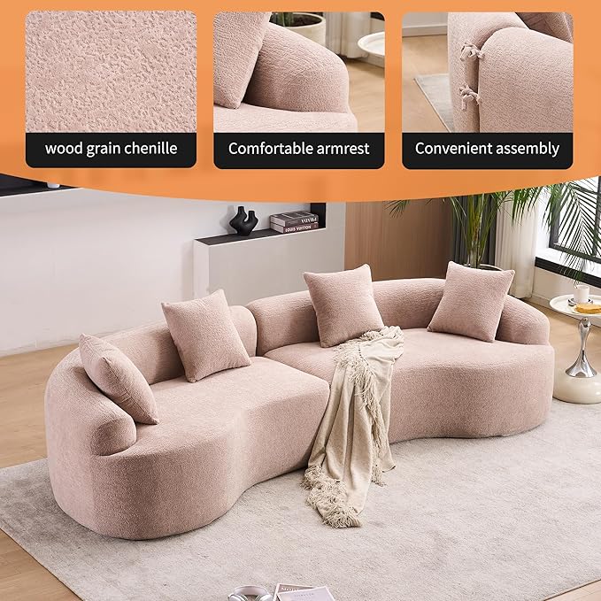 110" Oversized Modern Curved Cloud Sectional Sofa, Luxury Plush Chenille 4-Seater Deep Wide Seat Couch with 4 Pillows, No Assembly Needed Apartment Living Room Furniture, Apricot Cream