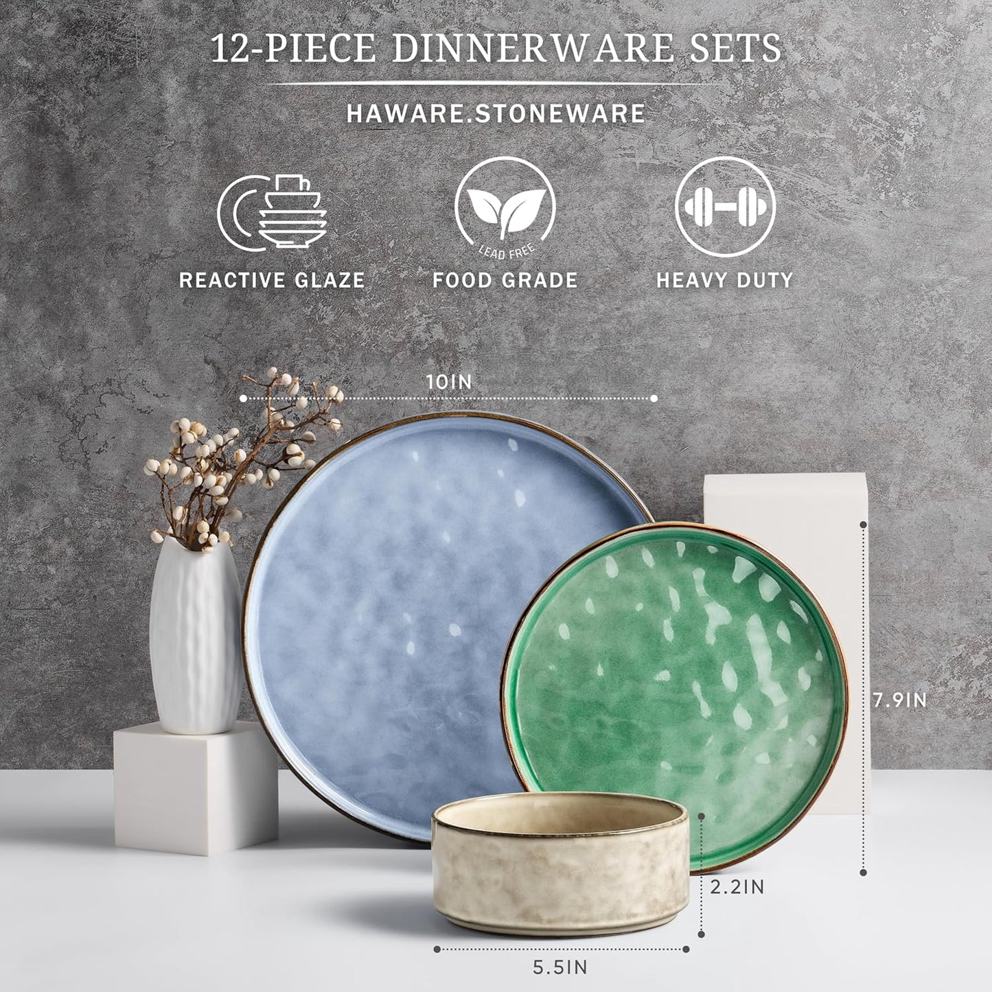 HaWare Dinnerware Sets, 12-Piece Plates and Bowls Set, Stoneware Dish Set for 4, Ceramic Dinnerware for Home Restaurant, Chip and Scratch Resistant, Microwave and Dishwasher Safe, Multicolor