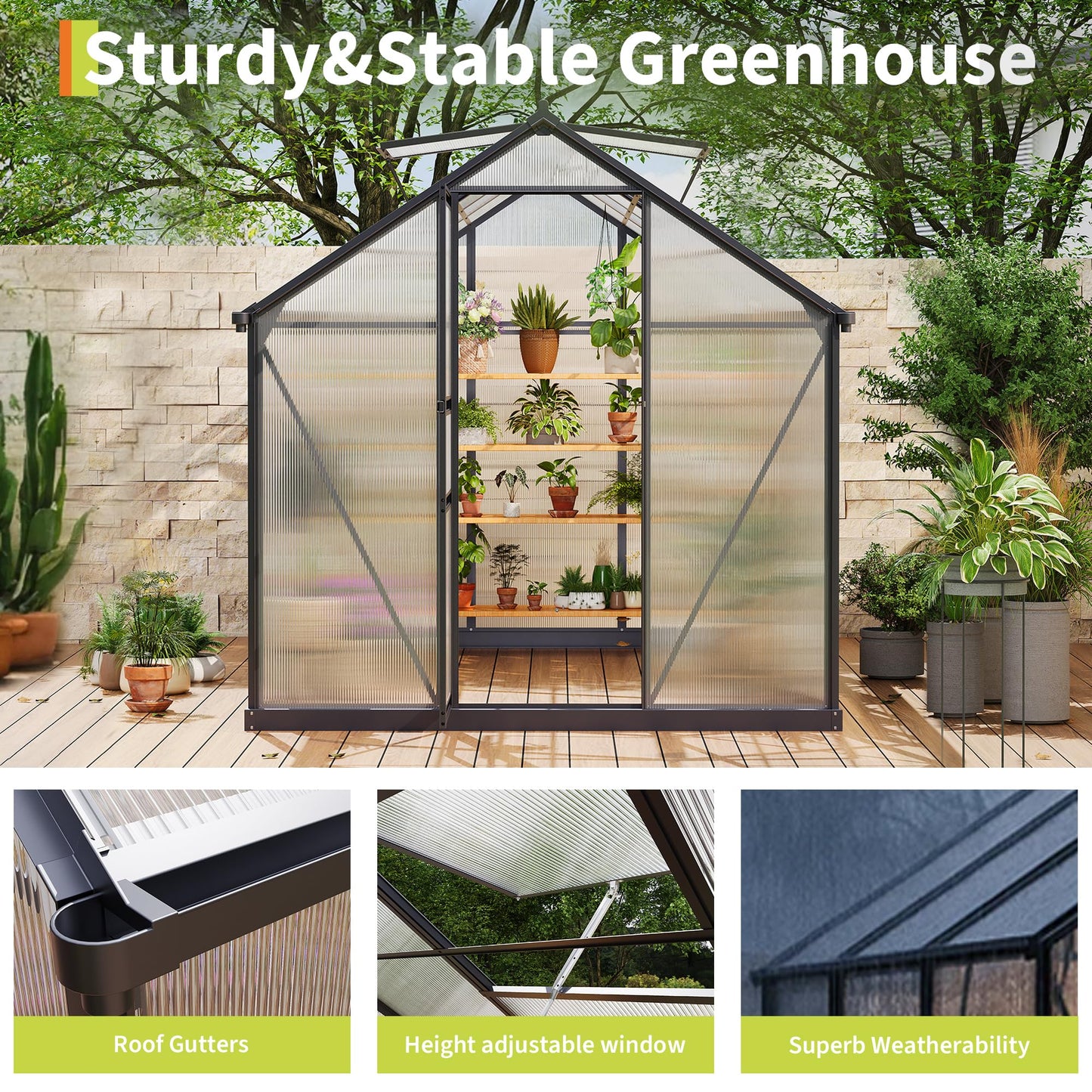 Garvee 6x10 FT Outdoor Greenhouse - Quick Setup Structure, Polycarbonate with Lockable Door, 2 Roof Vents, Aluminum Walk-in Heavy Duty, Perfect for Garden Backyard