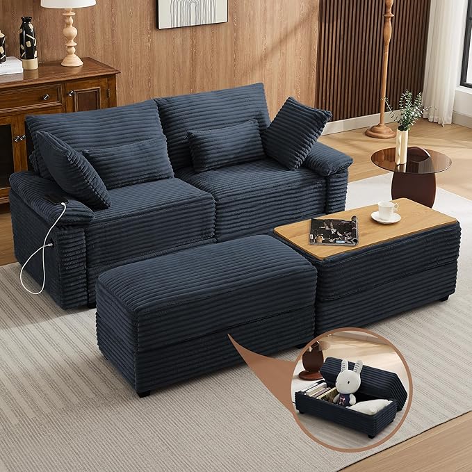 75" Corduroy Loveseat with Storage Ottoman, Cloud Deep Seat Couch with Convertible Ottoman Coffee Table & USB, Double Chaise Lounge for Living Room, Blue