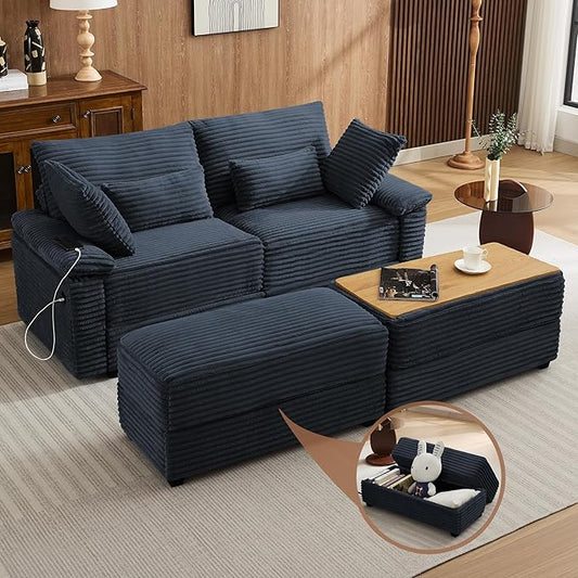 75" Corduroy Loveseat with Storage Ottoman, Cloud Deep Seat Couch with Convertible Ottoman Coffee Table & USB, Double Chaise Lounge for Living Room, Blue