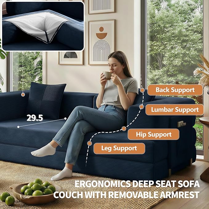 Fancyfire 78.8" Convertible Sofa Bed with Armrest Pillow,4-in-1 Sleeper Couch Bed for Livingroom,Modular Corduroy Boneless couches,No Assembly (Blue)