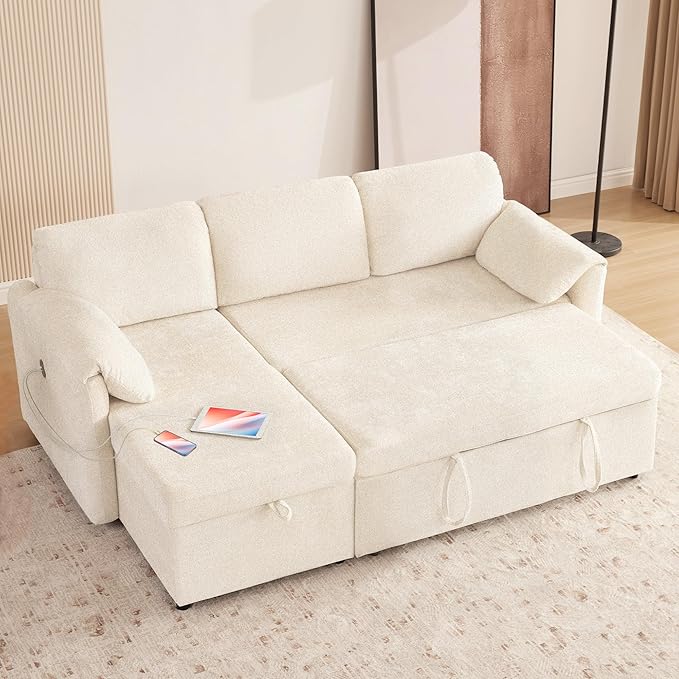 Tbfit 83'' Sleeper Sofa Bed with USB & Storage Chaise, Convertible Pull Out Sofa Bed, Couches for Living Room, Dorm, RV, Small Spaces, White Sherpa