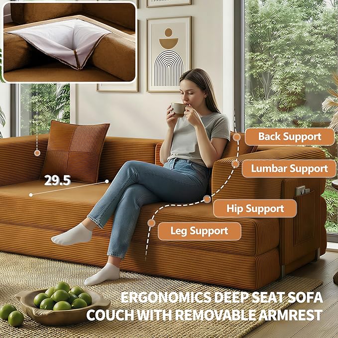 Fancyfire 78.8" Convertible Sofa Bed with Armrest Pillow,4-in-1 Sleeper Couch Bed for Livingroom,Modular Corduroy Boneless couches,No Assembly (Yellow)