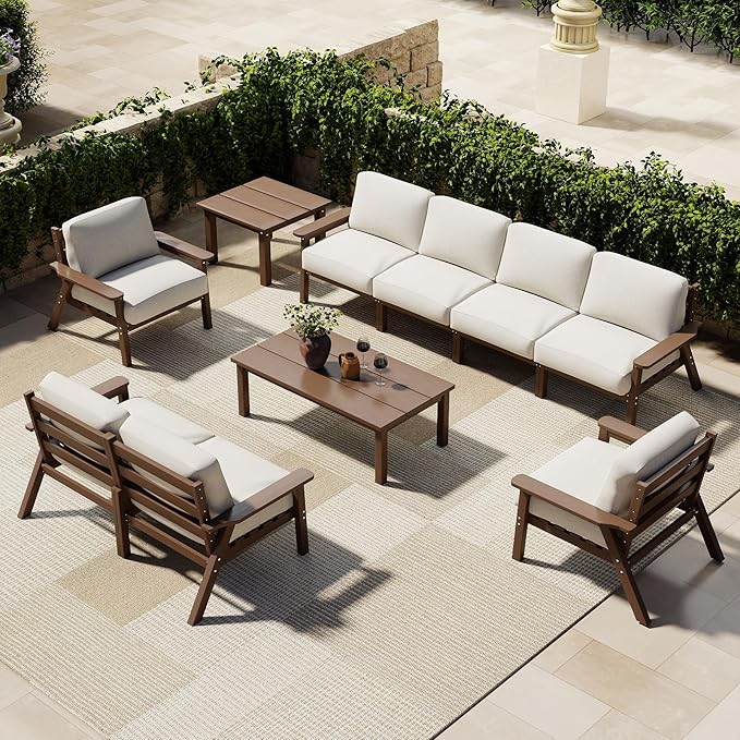 Patio Kingdom Patio Furniture Set 8 Seats, 4-Seater and 2-Seater Outdoor Sofas with Beige Washable Thick Cushions, Patio Conversation Sets for Lawn, Garden, Porch, Balcony, Deck (Brown Frame)