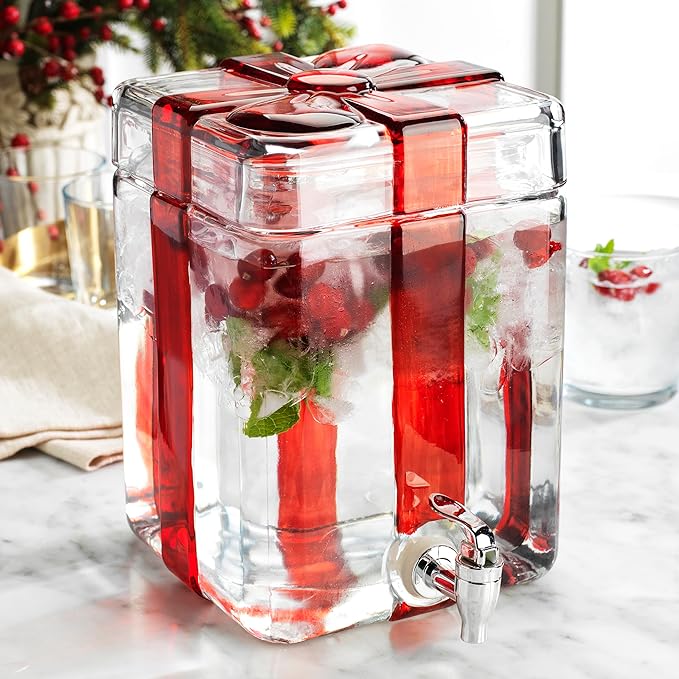 Gift Box Drink dispenser with Red Ribbon Design, Glass Beverage Dispenser For Christmas Party & decorations, Gift Ready Pa...