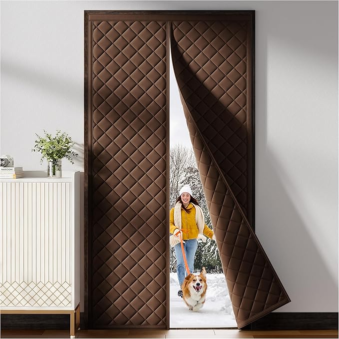 Magnetic Thermal Insulated Door Curtain Fit Door Size 38" x 82", Quilted Oxford Fabric Thicken Cotton Fill, Winter Cover Keep Cold Draft Out, Blanket Insulation for Front Patio Doors Brown