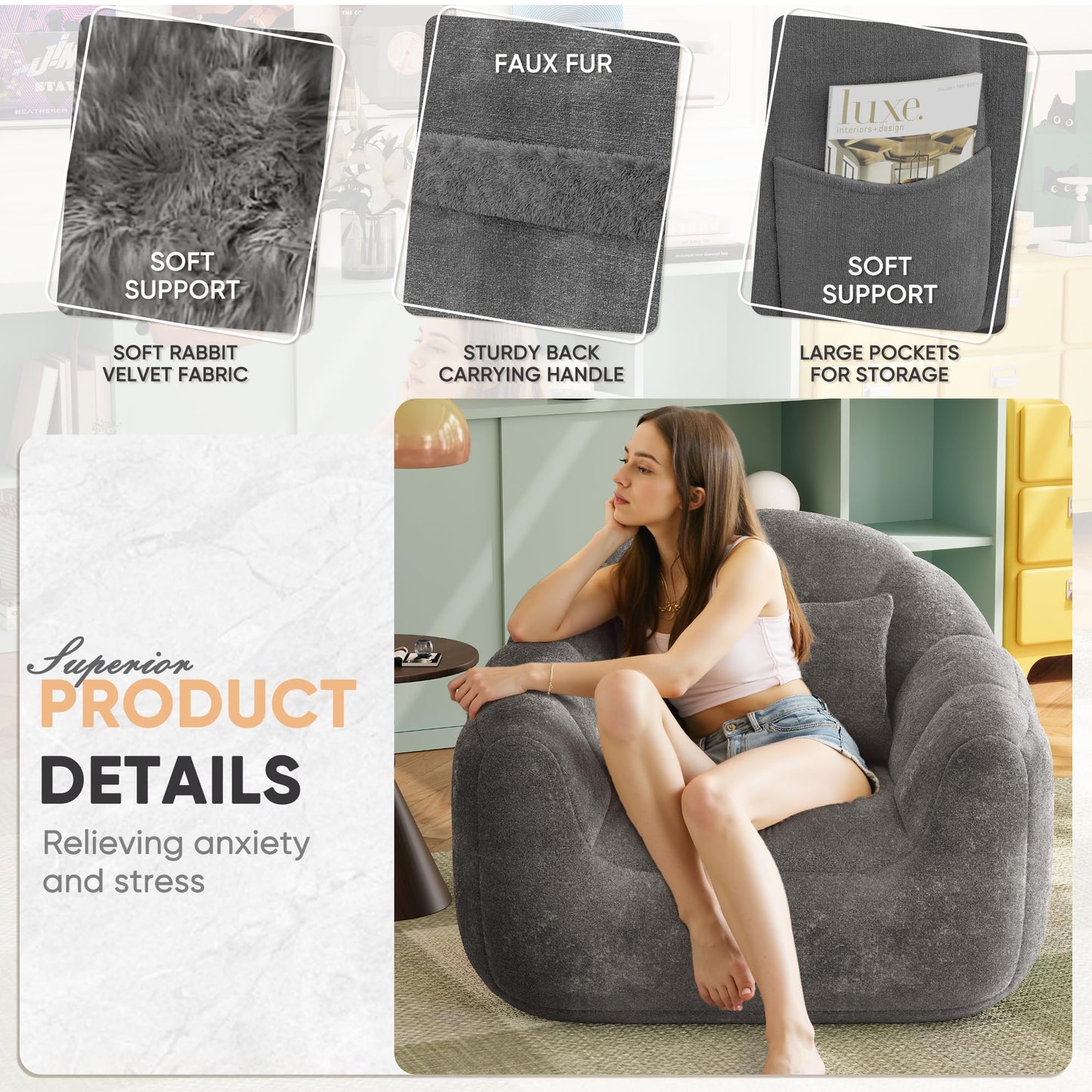Homall Bean Bag Chair, Oversized Bean Bag Couch with Shredded Sponge Filler, Pumpkin Shaped Large Floor Sofa for Gaming, Reading, Relaxing in Living Room and Bedroom (Grey)