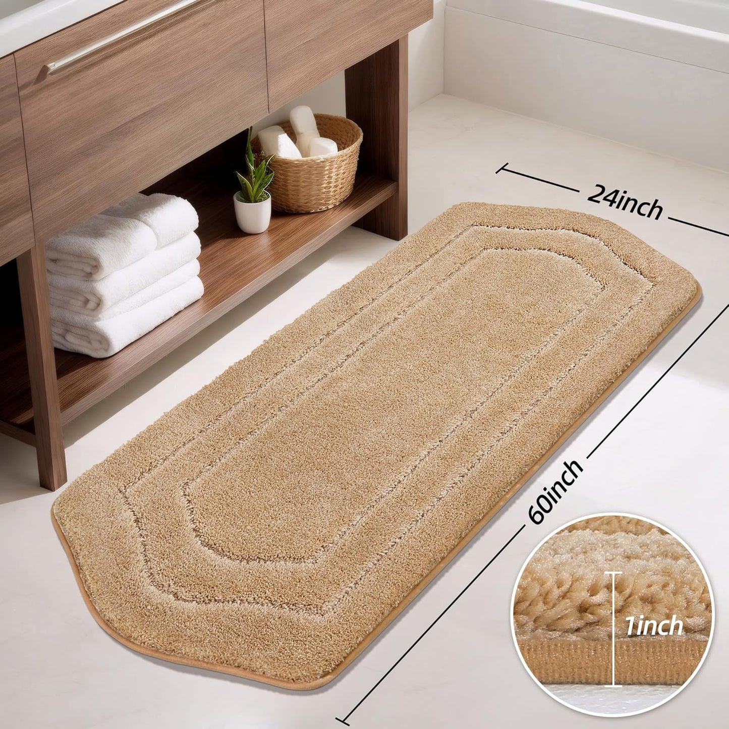 COSY HOMEER Bathroom Rugs Mat 24”x60” Absorbent Non-Slip Bath Mat, Plush Shaggy Bathroom Runner, Machine Washable Large Soft Bath Mats for Bath Floor,Tub and Shower,Beige