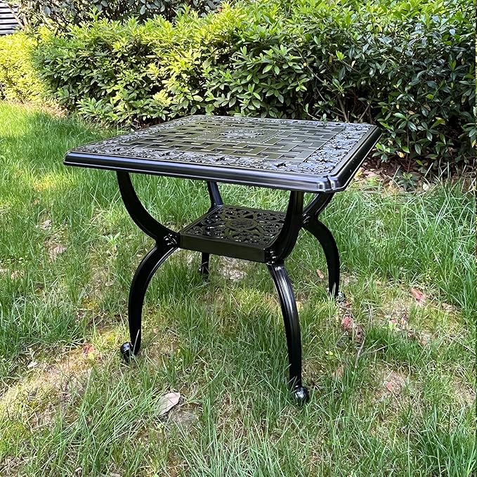 WILOUNGE 21" Cast Aluminum Outdoor Side Table,Small Patio Table,Outdoor Coffee Tables for Patio,Garden,Balcony, for All Weather (Black, Square)