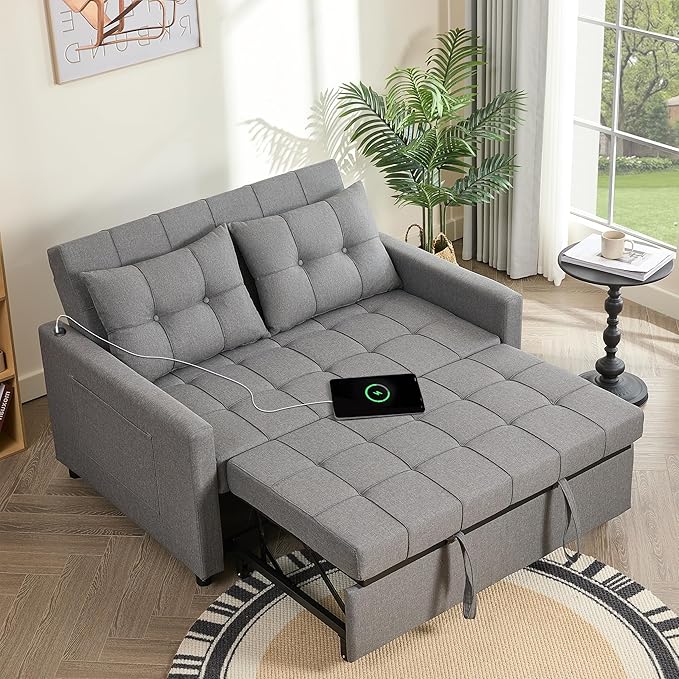 GOSUHI 52" Sleeper Sofa with Pull-Out Bed, 3-in-1 Convertible Sofa Bed, Loveseat with Stepless Adjustable Backrest and Side Pocket, for Living Room Dorm Apartment, Linen, Light Gray