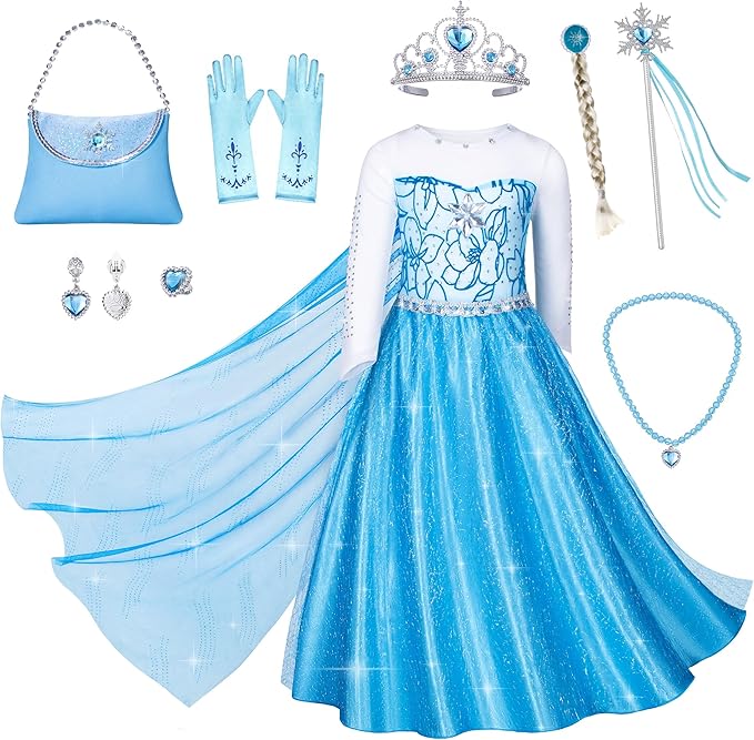 Topney Blue Princess Costumes for Little Girls Dress Up Birthday Party with Accessories