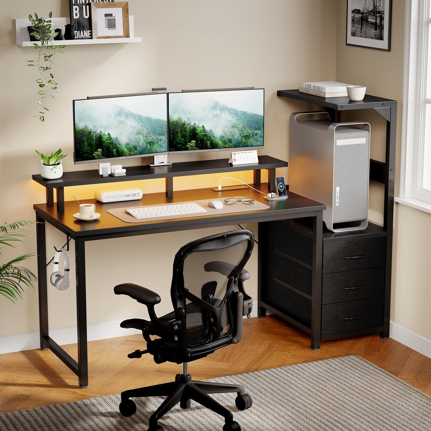 HAPPYMONT Gaming Desk with Shelves Storage Drawers, Computer Desk with LED Lights Power Outlets, Office Table with Shelf Cable Management for Bedroom Dual Monitor Streaming, Black