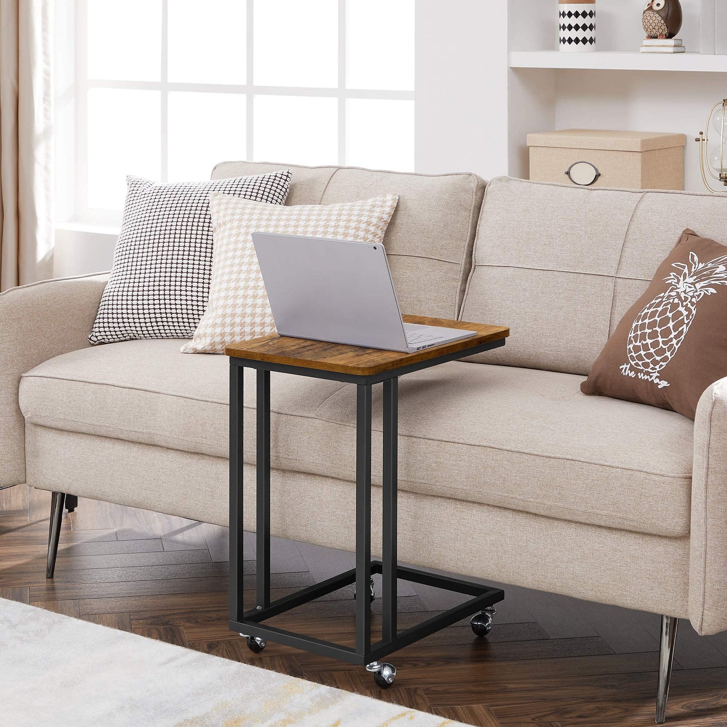 VASAGLE End Table, C Shaped TV Tray with Metal Frame Rolling Casters, Industrial Side Table for Living Room Bedroom, 19.7 x 13.8 x 23.6 Inches, Rustic Brown and Black
