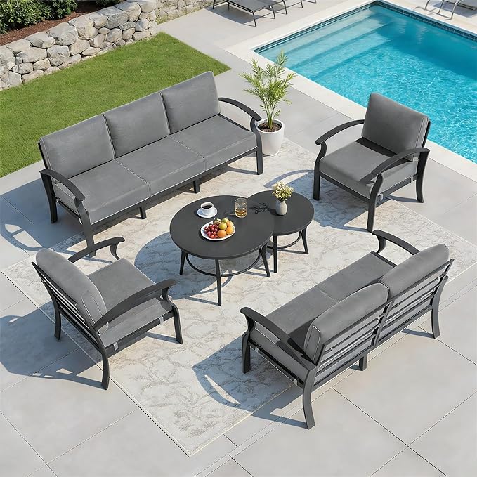 RTDTD Aluminum Outdoor Patio Furniture Set,7 Seats Patio Conversation Sets with 2 Round Coffee Tables,Metal Patio Sectional Furniture Set with 5.1" Thickened Cushions,Grey