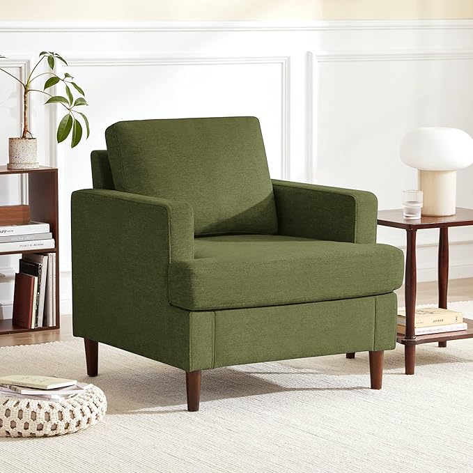 Weture Mid-Century Accent Chair,Modern Linen Fabric Armchair for Living Room,Comfy Upholstered Reading Accent Chairs for Bedroom,Single Sofa Chair with Wood Legs (Green, 1 Pack)