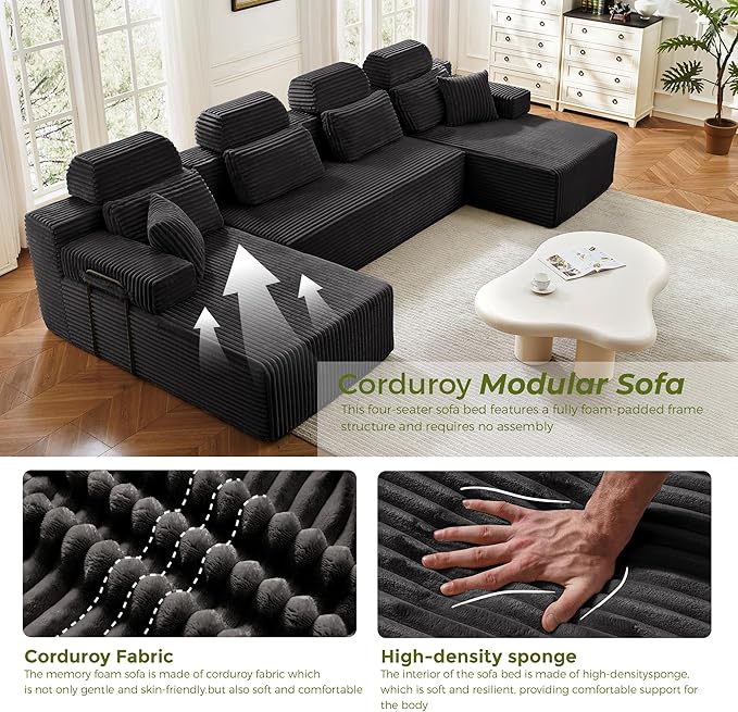 141" U-Shaped Cloud Modular Sectional Sofa with Chaise & Headrest, Boneless Deep Seat Plush Corduroy Couches for Large Living Room, No Assembly Required (Black, 141" U-shapred Chaise)