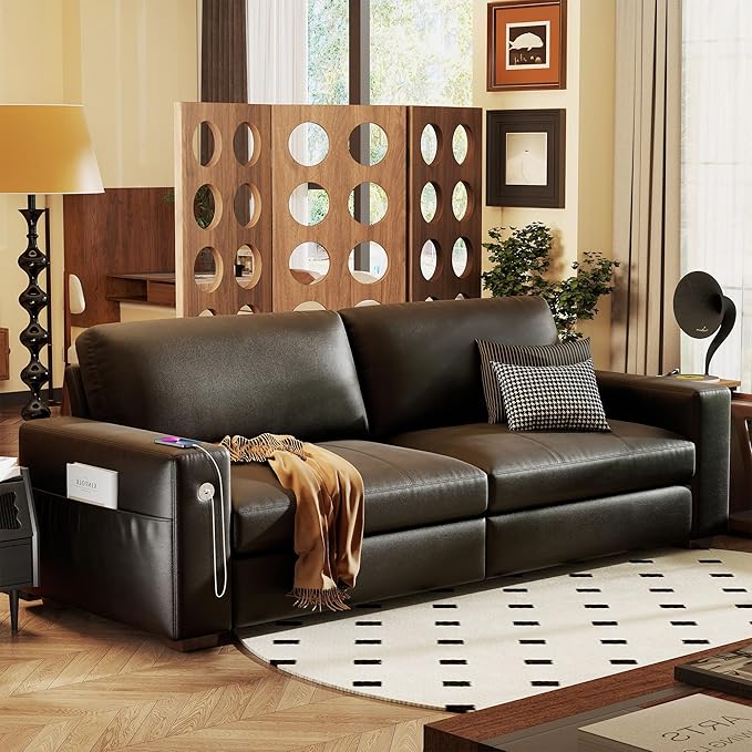 Hanherry Faux Leather 89" Sofa for Living Room, Modern Comfy Couch with Medium Firm Seat Cushion, Removable Cover,Wide Armrest,USB/Type-C Port,Couches for Small Space,Apartment