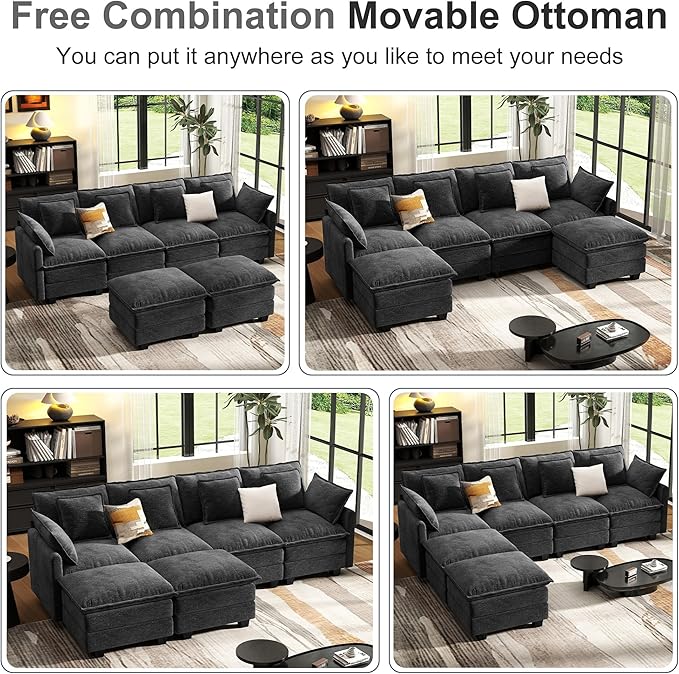 107" Cloud Couch Sectional, U Shaped Modular Sectional Sofa, 4-Seat Deep Seat Couch with 6 Removable Washable Pillows and 2 Ottoman for Living Room, Bedroom, Apartment, Black Grey
