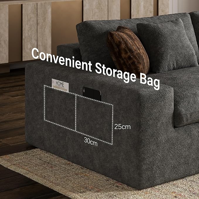 125'' Oversized Boneless Sectional Couches for Living Room, Deepseat Boneless Cloud Modular Sectional Sofa with Ottoman, No Assembly Required L-Shape Cloud Sofa, Plush Fabric, Dark Gray