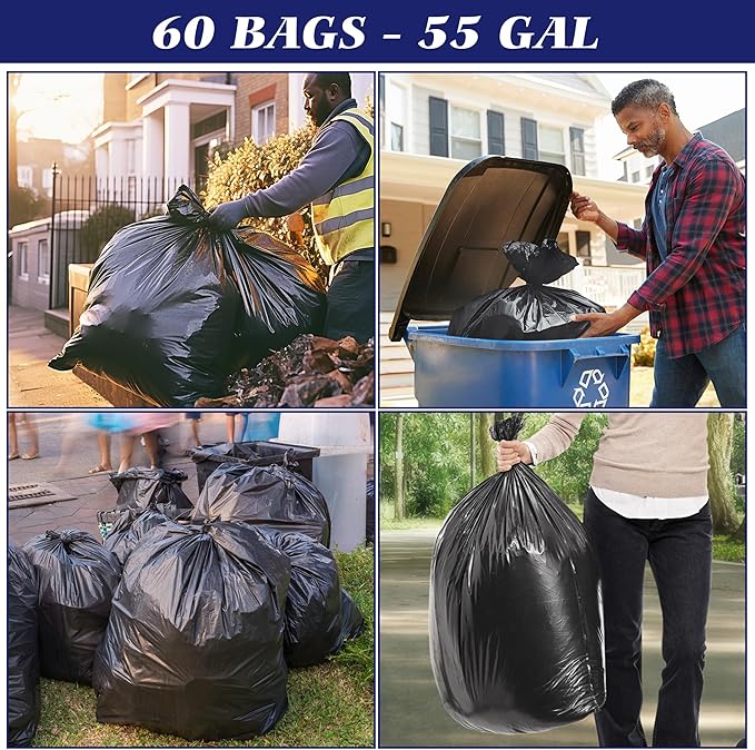 Teivio 55-60 Gallon Large Black Trash Bags 60 Counts Industrial Sturdy Garbage Bags, Extra Large Lawn and Leaf Bags Outdoor Commercial Trash Can Liner for Construction Sites, Workshops, Backyard
