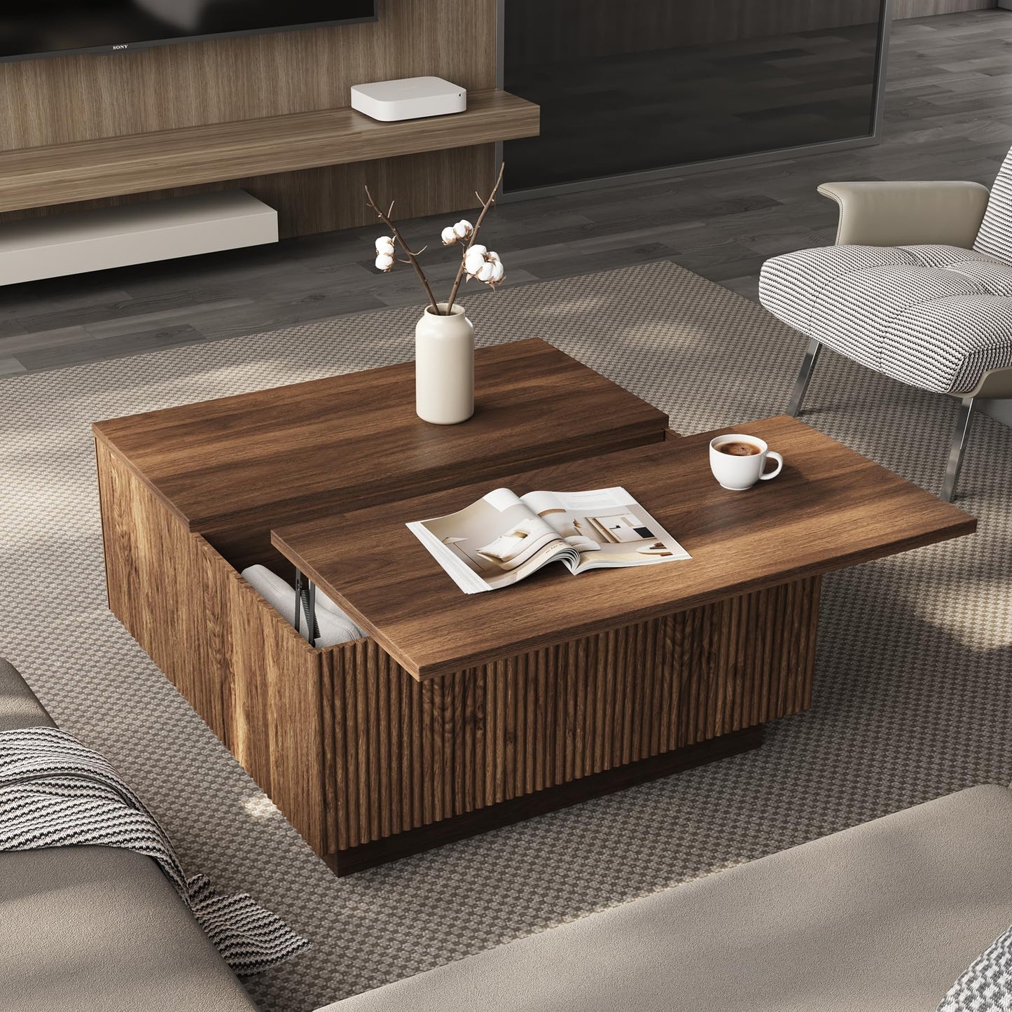 Epecoya 31" Lift Top Coffee Table with Hidden Storage & Farmhouse Fluted Design, Square Wooden Lift-Top Table for Living Room, Apartment, Small Spaces, Brown Walnut