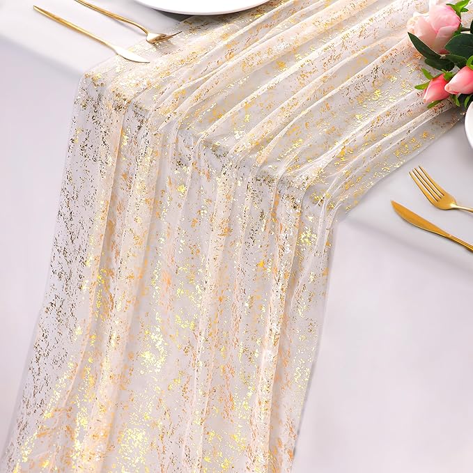 Snowkingdom 10 Ft Gold Table Runner, Sheer Gauze Chiffon Tulle Cheesecloth Sequin Glitter Metallic Foil, Table Decorations...