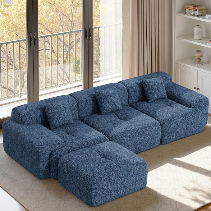 122" L Shaped Convertible Modular Couch, Cloud Couch Sectional with Ottoman, 4-Seater Chenille Boneless Couches for Living Room, Apartment, No Assembly, Blue 1PCS