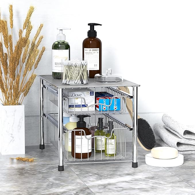 Simple Houseware Stackable 2 Tier Sliding Basket Organizer Drawer, Chrome