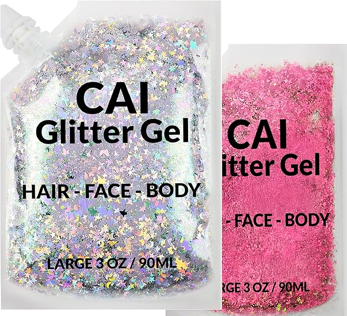 Face, Body & Hair Glitter Gel – Halloween Glitter for Kids and Women – 3 Oz Cosmetic-Grade Gel w/Moon & Stars for Festivals & Halloween Party, Easy Apply & Wash Off - Silver/Pink 2Pack