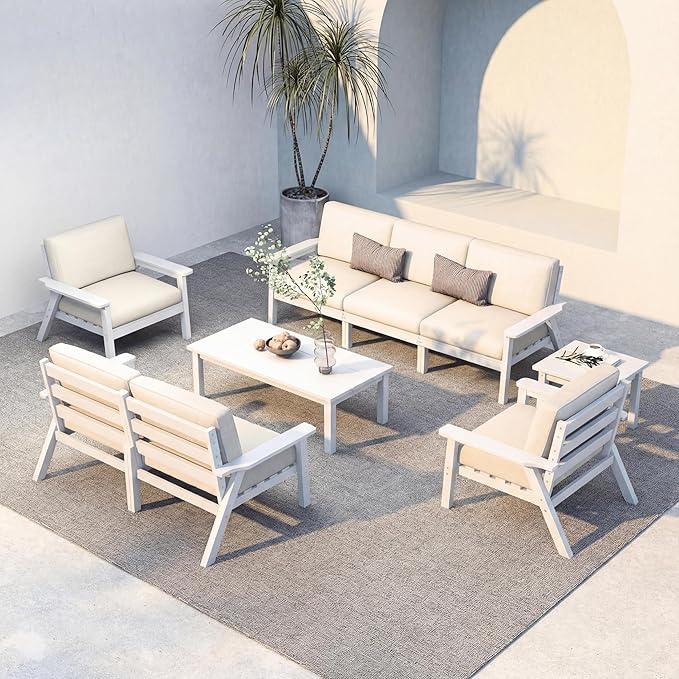 Patio Kingdom HDPE 7 Piece Patio Furniture Set, HDPE Outdoor Sectional with with Beige Thick Cushions, Coffee Table and Side Table, Patio Conversation Sets for Lawn, Garden, Porch (White Frame)
