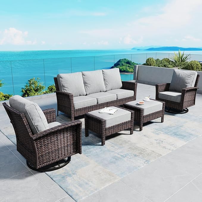SUNSHINE VALLEY 5 Pieces Patio Furniture Set with Swivel Chairs, High Back Wicker Rattan Sofa with Extra Thick Cushion and Ottoman, Outdoor Conversation Set for Garden Backyard Deck, Grey