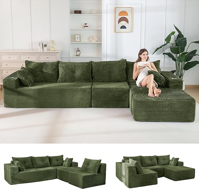 MAXYOYO 132" Oversize Modular Sectional Couch with L-Shape Chaise, Modern Boneless Couch for Living Room, Sofa in A Box, Oversized Sofa Sleeper with Deep Seat, No Assembly Required, Green