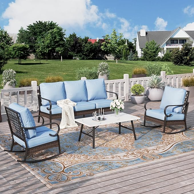 HERA'S HOUSE 4 Piece Metal Patio Furniture Set, All Weather Outdoor Conversation Set with 3 Seat Sofa, 2 Rocking Chairs & Coffee Table, Seats 5 for Backyard, Garden, Deck, Blue