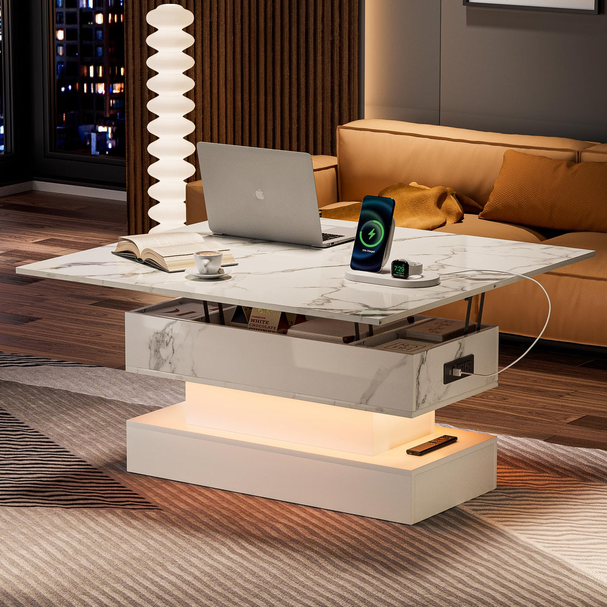 SYESWAY 39.4" Lift Top Coffee Table with Charging Station, High-Glossy Marbling Print Center Table with Hidden Compartment Storage, LED Coffee Table for Living Room, White
