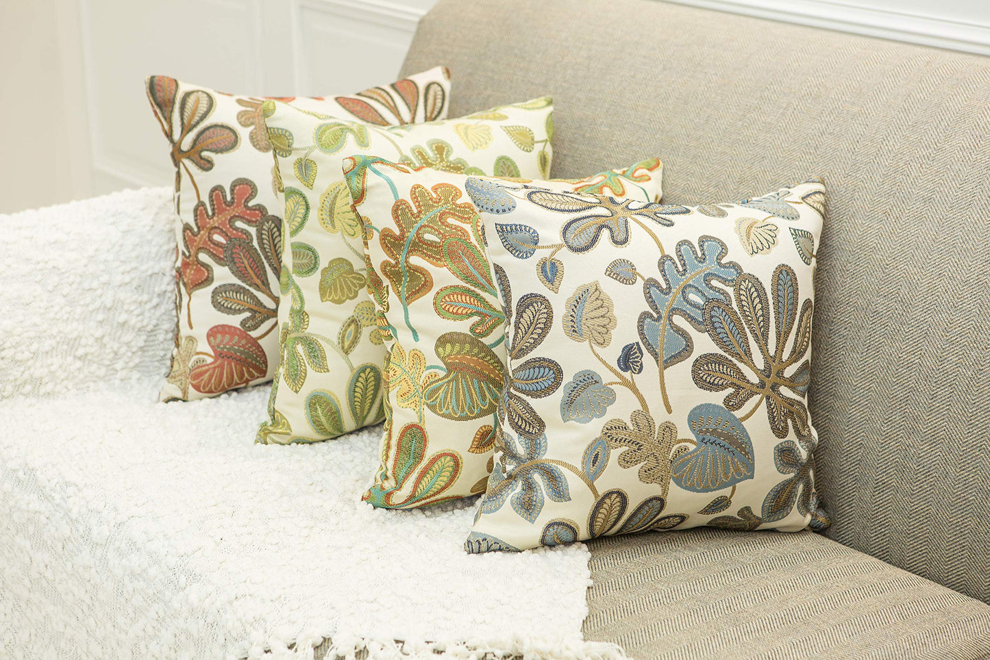 Mika Home Set of 2 Jacquard Tropical Leaf Pattern Throw Pillow Covers Decorative Pillowcase 22X22 Inches,Blue Cream
