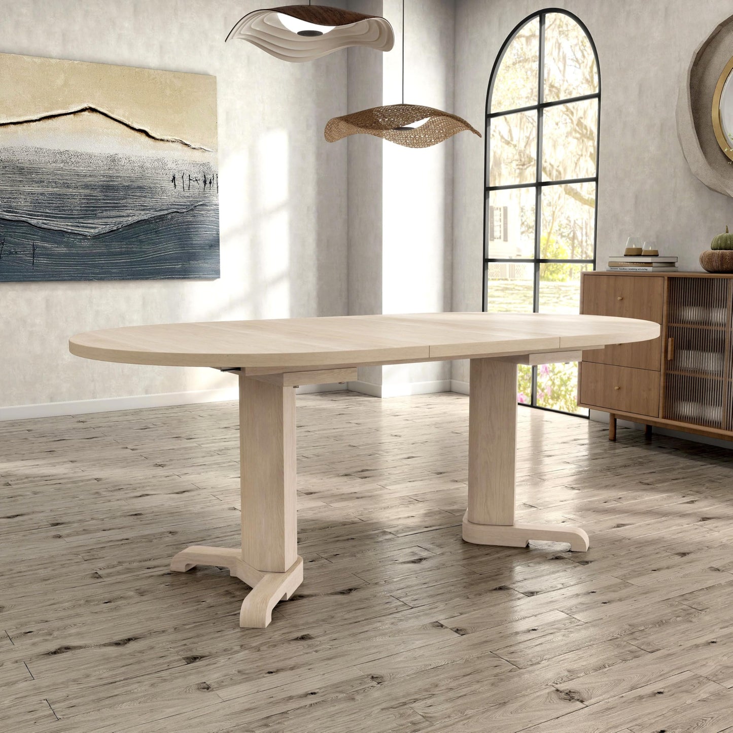 Furniture of America Alakez Mid-Century Modern Solid Wood 60 to 78-inch Oval Extendable Dining Table with One 18-inch Leaf, Double Pedestal Base for Home Kitchen, Dinettes, White Oak